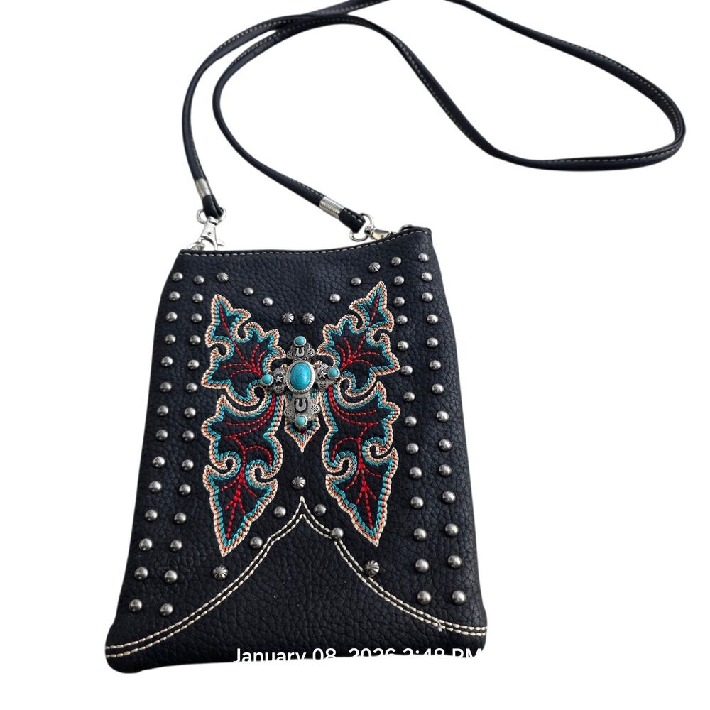 American Bling Black Crossbody Purse Bag Studded Western Cross Turquoise